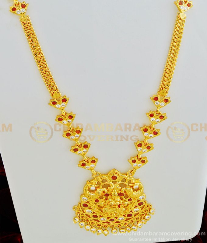 HRM459 - Latest Impon Gold Plated White Stone Ruby Stone Lakshmi Design Impon Haram for Women
