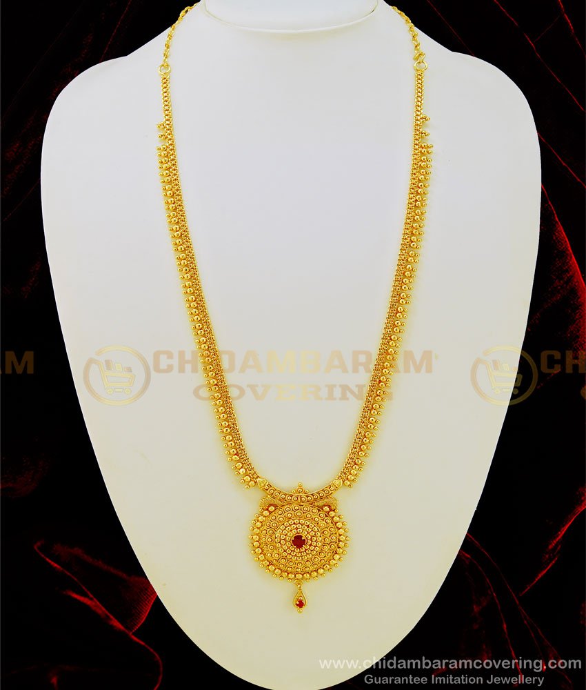 HRM467 - South Indian Jewelry Ruby Stone Round Pendant Gold Covering Long Haram Buy Online