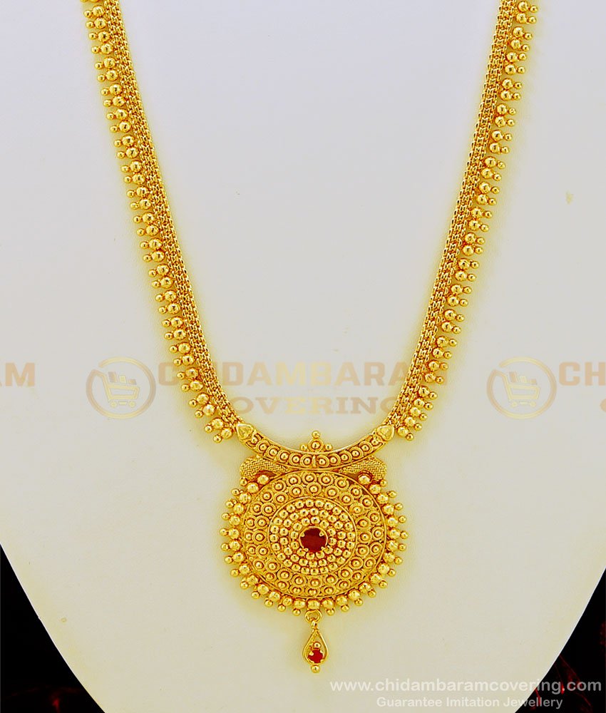 HRM467 - South Indian Jewelry Ruby Stone Round Pendant Gold Covering Long Haram Buy Online