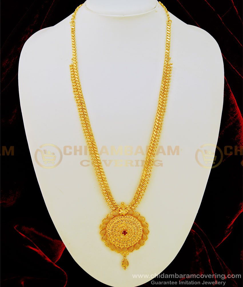 HRM468 - Simple Single Ruby Stone Long Haram One Gram Gold Jewellery Online 