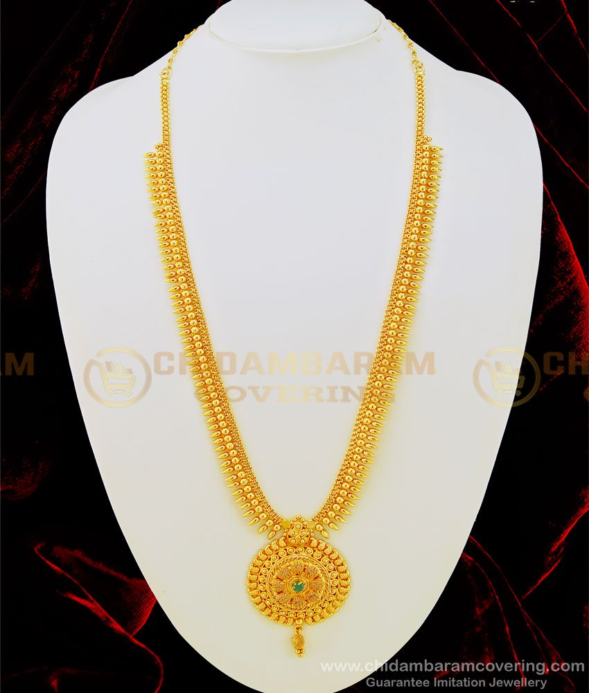 HRM471 - Latest Collections Kerala Style Emerald Stone Dollar Mullamottu Mala Long Haram Buy Online