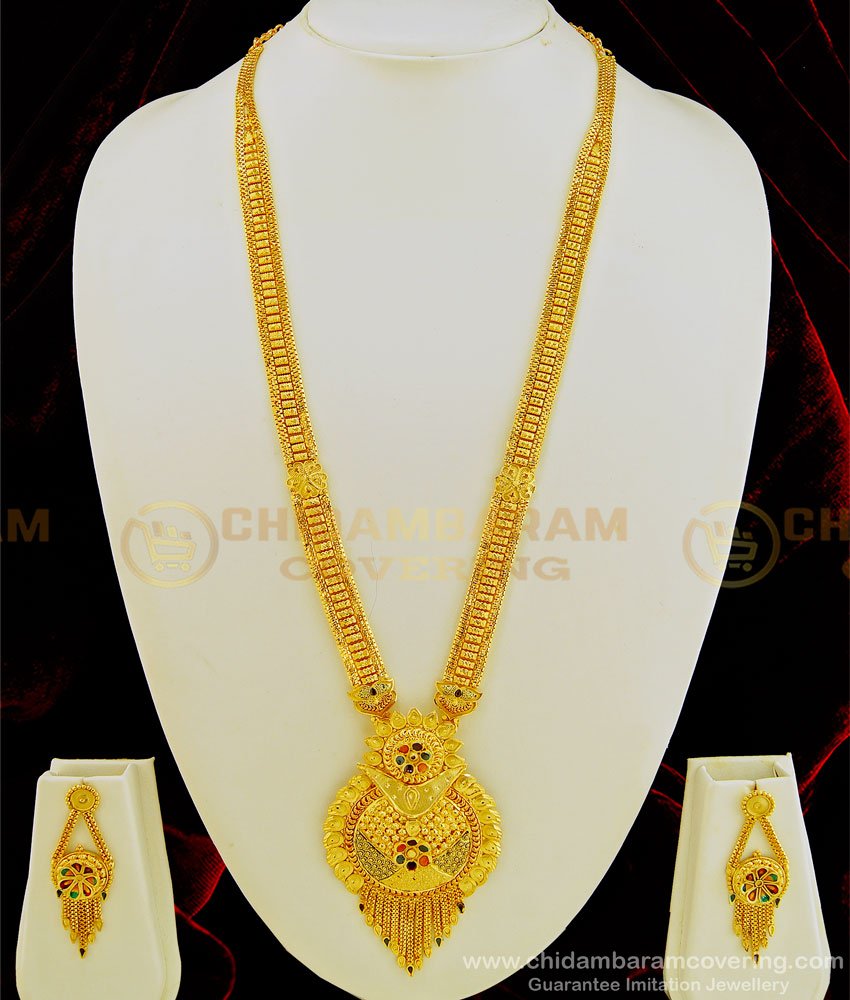 HRM475 - Real Gold Design First Quality Enamel Work Forming Gold Long Haram with Earring Combo Set   
