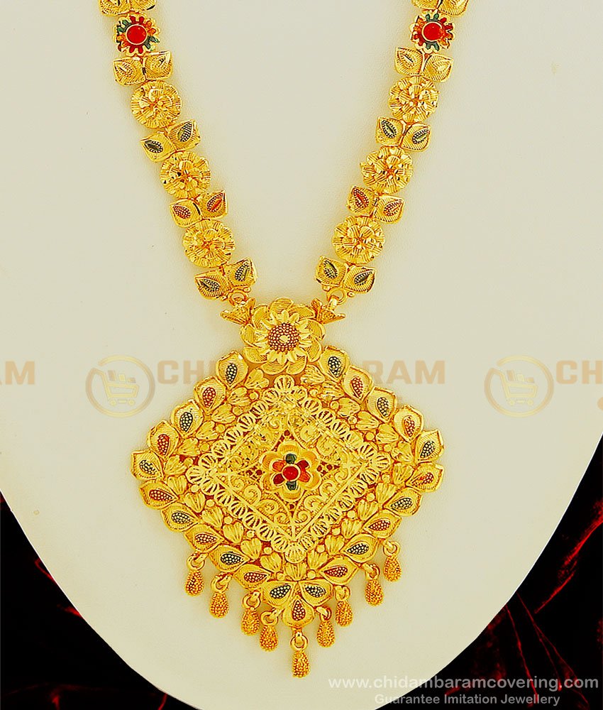 HRM478 - Latest Gold Finish Enamel Forming Gold Haram Calcutta Model First Quality Long Haram with Earring Combo Set  