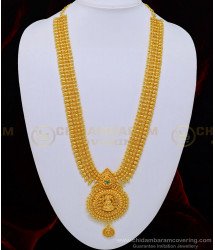 HRM511 - New Lakshmi Dollar Single Green Stone Mango Design Long Bridal Gold Plated Haram for Wedding 