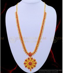 HRM578 - One Gram Gold Ruby Stone Flower Design Bridal Wear Long Haram Online 