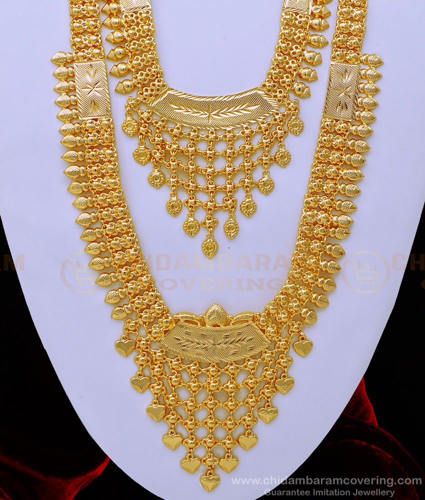HRM686 - Kerala Wedding Gold Jewellery Design One Gram Gold Plated Haram Necklace Combo Set