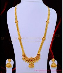 HRM729 - Latest Ruby Kemp Stone Lakshmi Haram Gold Plated Haram With Jhumkas Earrings Set