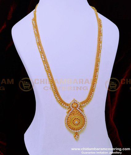 HRM752 - 1 Gram Gold Plated Full White Stone Long Haram Design for Women 