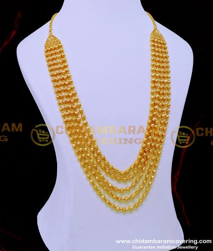 HRM785 - Latest Five Line Gold Balls Haram Chandraharam Designs for Women 