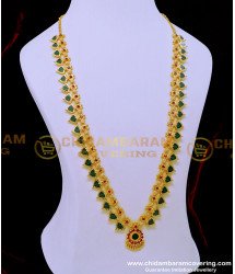 HRM792 - 30 Inches Traditional Green Palakka Mala Gold Plated Long Palakka Haram Design Online