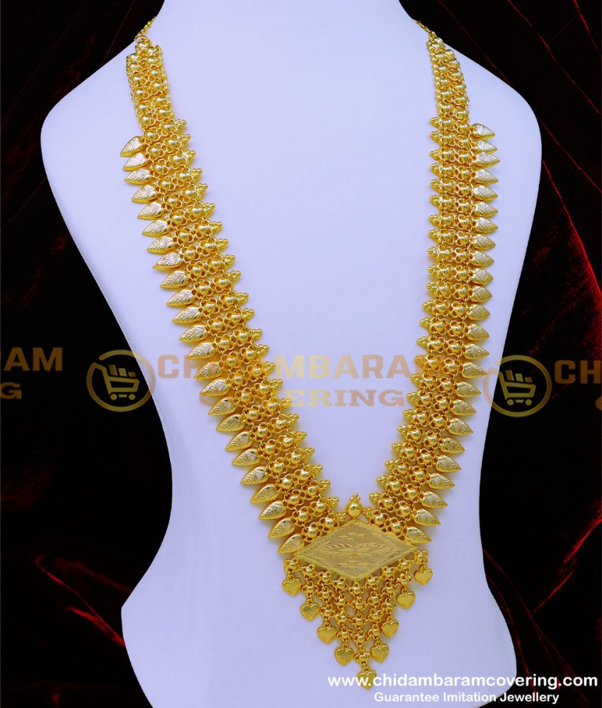 one gram gold jewellery, gold plated jewellery, kerala haram, mango mala, gold covering, chidambaram covering, long kerala haram designs, kerala long haram, 