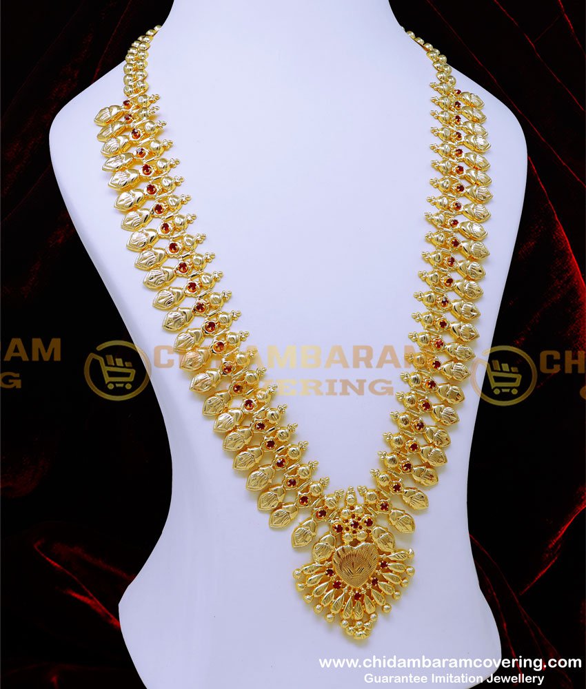 kerala haram design, long chain latest designs, kerala traditional jewellery, stone haram design, long mango haram designs in gold, light weight jewellery, gold plated jeweller