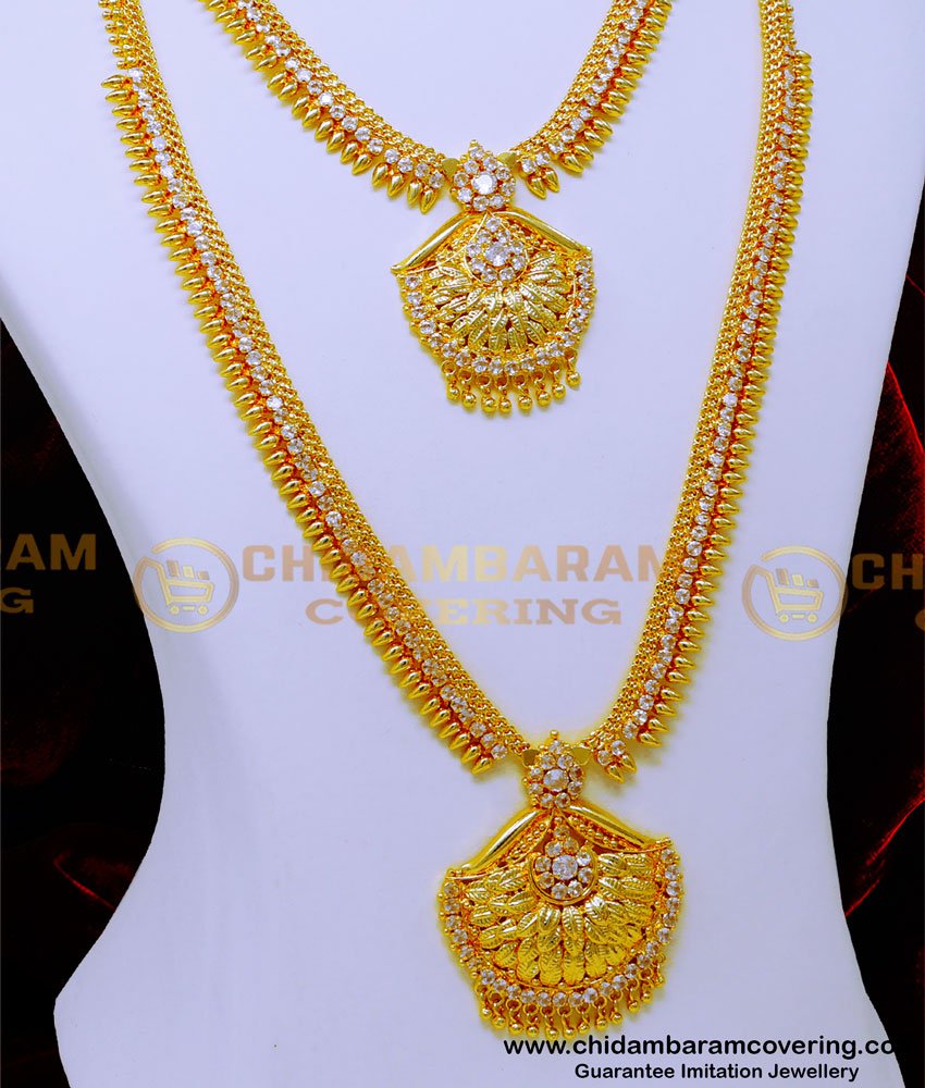 gold plated jewellery, 1gm gold plated jewellery, wedding jewellery, gold plated wedding jewellery set, wedding jewellery for bride, wedding cz jewellery sets with price, white stone haram set, gold haram designs, gold haram designs in 40 grams