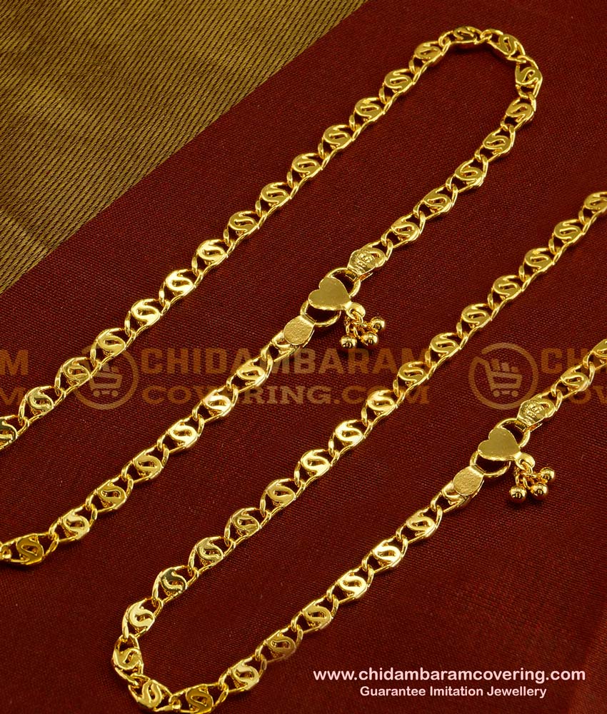 ANK012 - 10.5 Inch south Indian One Gram Gold anklet kolusu Design for women