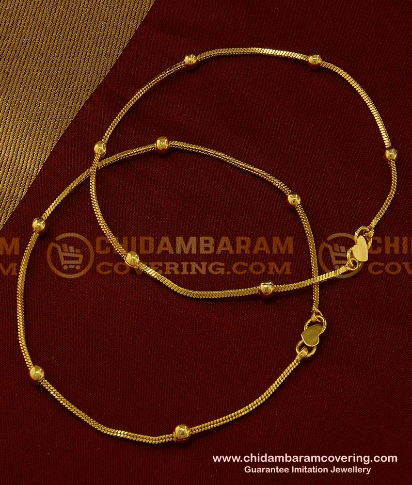 ANK060 - 10 Inch Trendy Real Gold Leg Padasaram Light Weight Chain Golden Beads Anklet Design Online