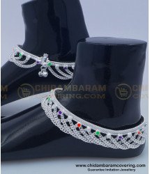 ANK087 - 10.5 Inches Wedding Anklet White Metal Heavy Hanging Chain Chandi Dulhan Payal Online