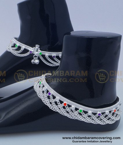 ANK087 - 10 Inches Wedding Anklet White Metal Heavy Hanging Chain Chandi Dulhan Payal Online