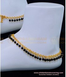 ANK106 - 9.5 Inches Trendy Black Crystal Anklet Designs Gold Plated Black Beads Payal Design Online