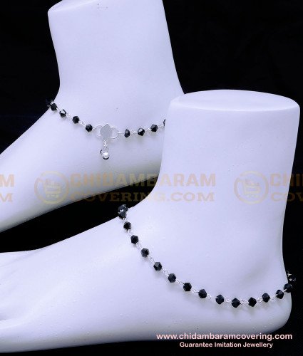 ANK124 - 10.5 Inch Cute Simple Fancy Black Crystal Anklets Silver Design