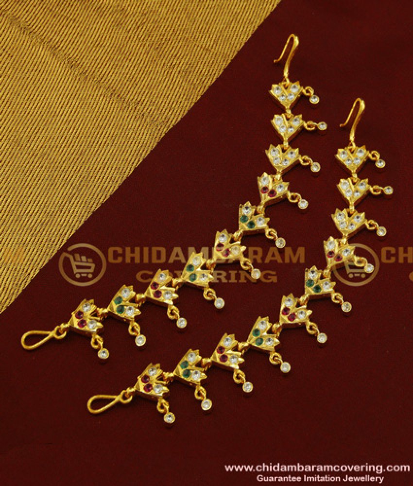 MAT101 - Traditional Impon Bridal Wear Maatal Design Gold Plated Multi Stone Side Ear Chain Online