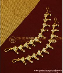 MAT102 - Five Metal Full White Stone Gold Plated Flower Design Impon Mattal Ear Chain Online Shopping