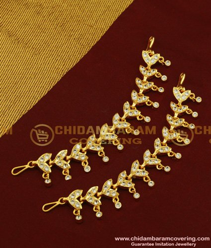MAT103 - Traditional Real Gold Like Impon Leaf Design White Stone Matilu Design Gold Plated Side Ear Chain Online