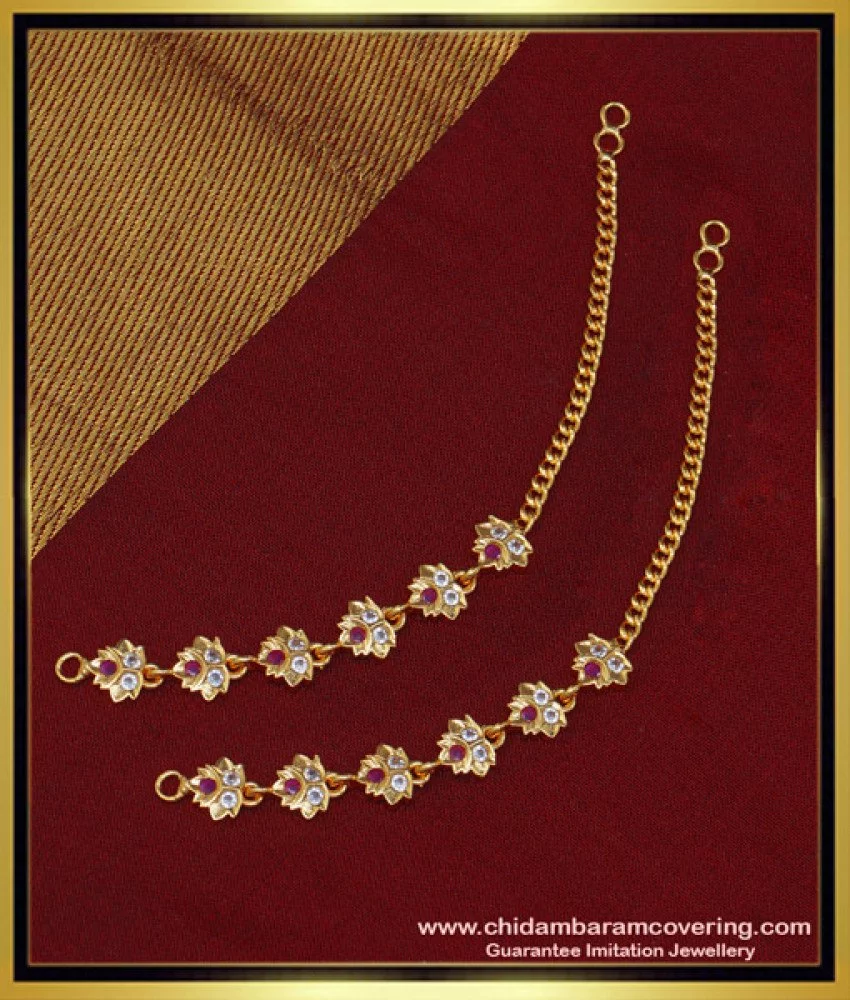 Buy One Gram Gold Plated Impon Five Metal Stone Ear Chain for Big Jhumkas