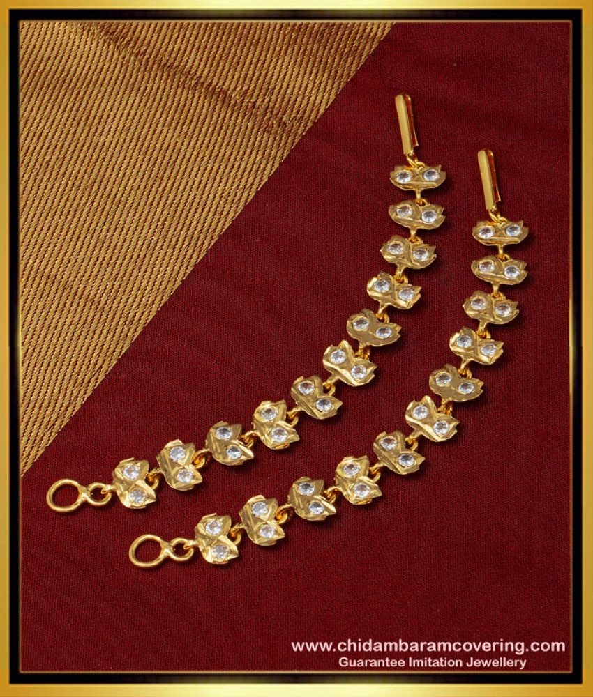 MAT154 - Gold Design White Stone Leaf Design Impon Mattal Ear Chain Online Shopping