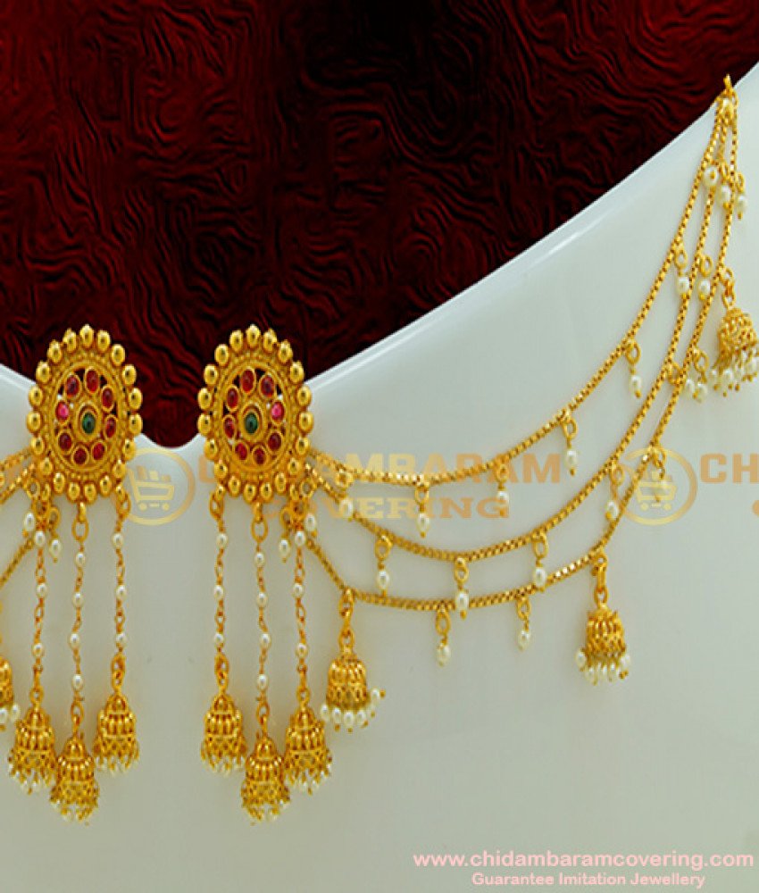 MAT69 - Bahubali Earrings Designs Layer Chain Earrings Jhumkas with Pearl Drops Mattal Chain Design Online