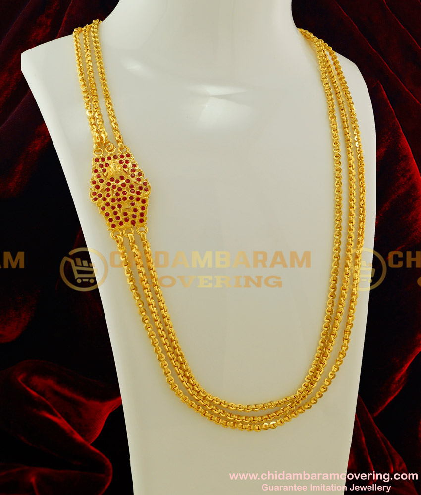 MCHN108 - Impon Lakshmi Mugappu Design Full Red Stone Big Side Pendant Three Line Mugappu Chain Design Online