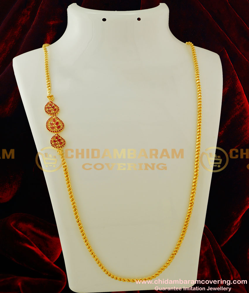 MCHN134 - Trendy 30 Inches Daily Wear Long Thali Chain Ruby Stone Side Pendant Mugappu Chain Buy Online