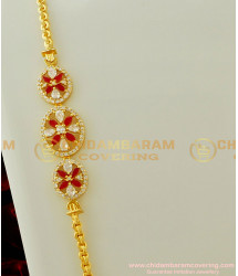 MCHN140 - 30 Inches One Gram Gold White and Red Stone Side Pendant Fancy Design Long Mugappu Chain 
