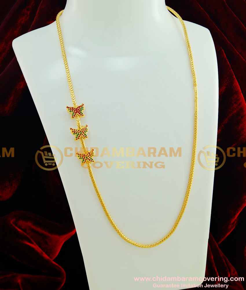 MCHN174 - New Fashion Ruby Emerald Stone Butterfly Design Mugappu Thali Chain Artificial Jewellery