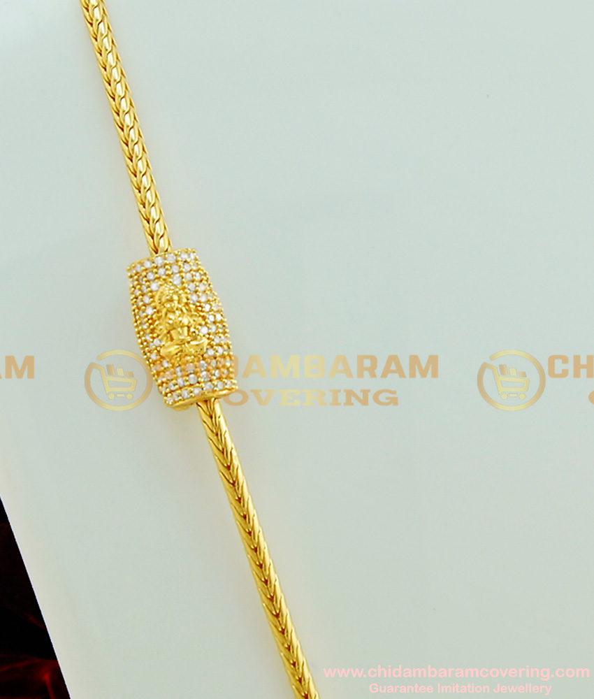 MCHN179 - Latest American Diamond Gold Lakshmi Mugappu Designs Side Stone Pendant with Roll Chain for Women