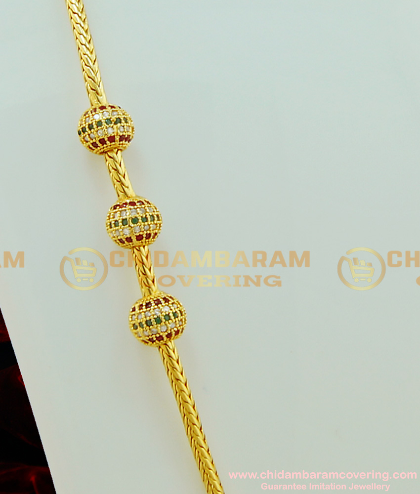 MCHN186 - South Indian Mugappu Chain Multi Stone Three Balls Design Side Pendant Thali Kodi Chain 