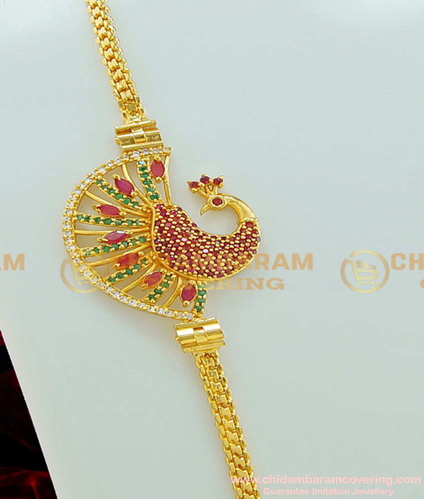 MCHN194 - 24 Inches Attractive Multi Stone Peacock Design Side Locket Gold Covering Mugappu Chain Collections 