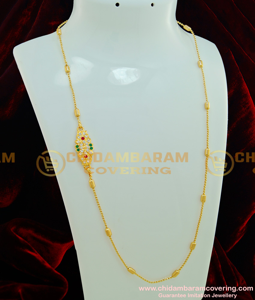 MCHN215 - 1 Gram Gold Plated Designer Chain with Impon Multi Stone Mugappu Chain For Ladies 