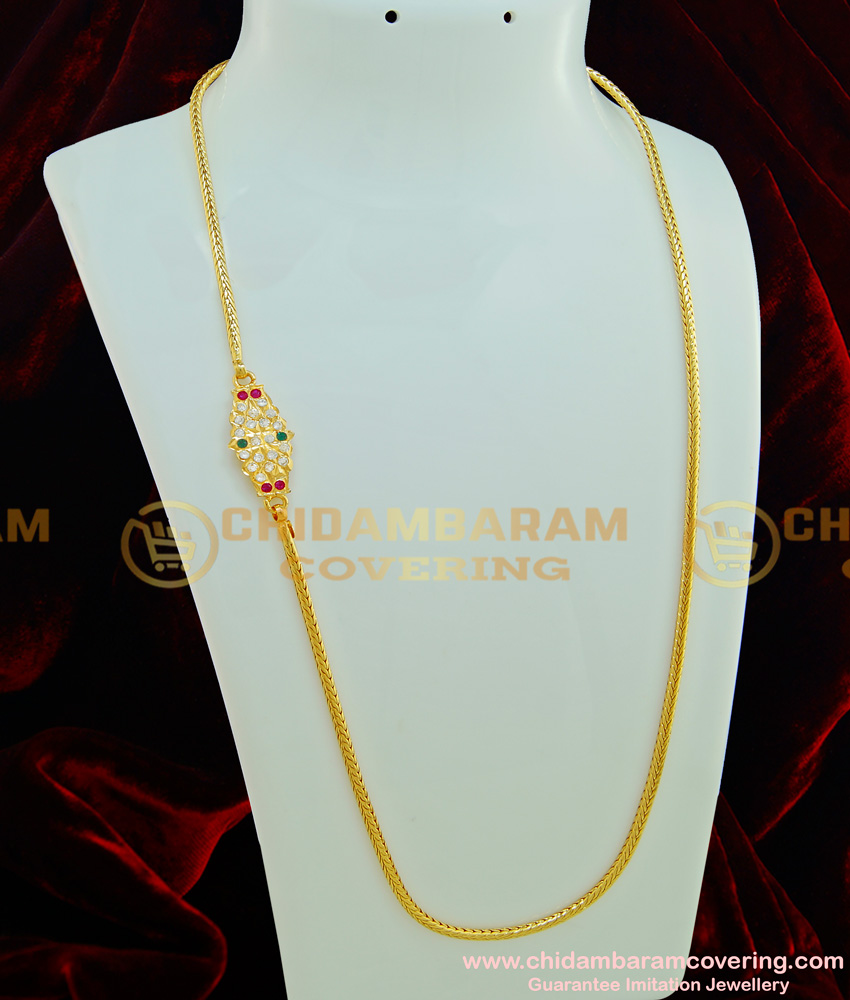 MCHN218 - 24 Inches New Model Gold Thali Chain Designs One Gram Gold Plated Impon Ad Stone Mugappu Chain