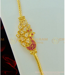 MCHN231 - Latest Daily Wear White and Ruby Peacock Design Side Mugappu Chain for Women