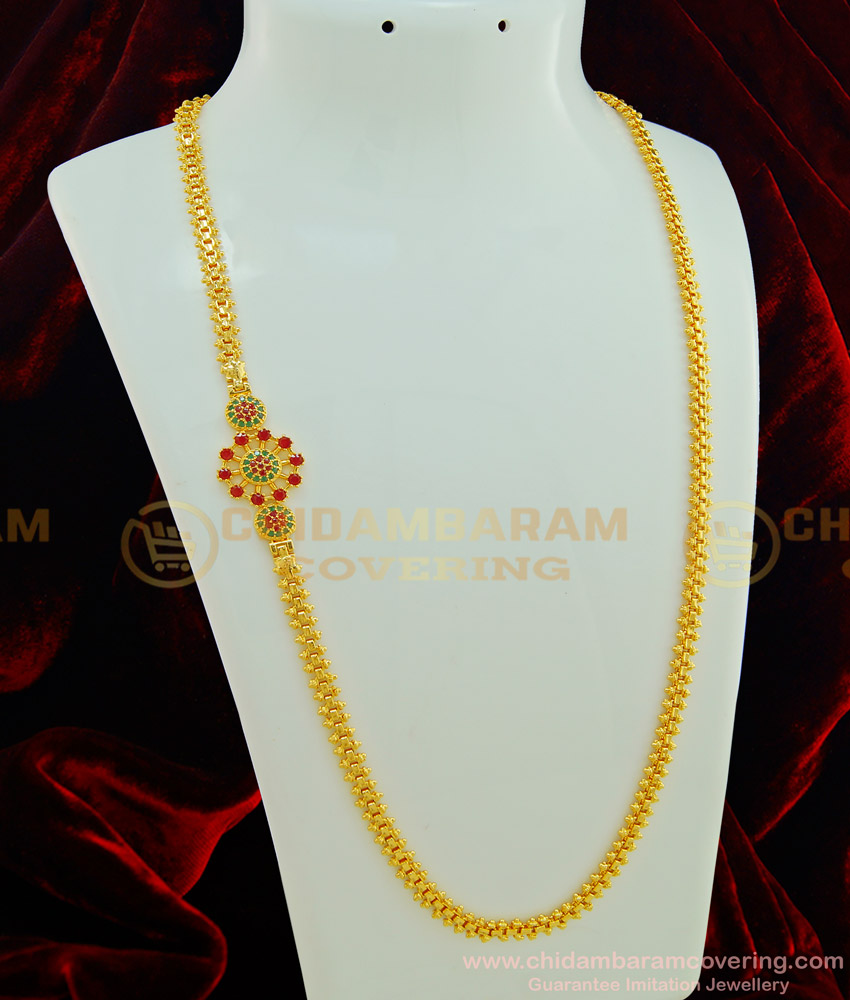 MCHN235 - Beautiful Ruby Emerald Stone Mugappu Chain Indian Jewellery Buy Online