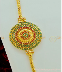 MCHN242 - Elegant Ruby Emerald Stone Round Mugappu Thali Chain Designs Gold Covering Mugappu for Women