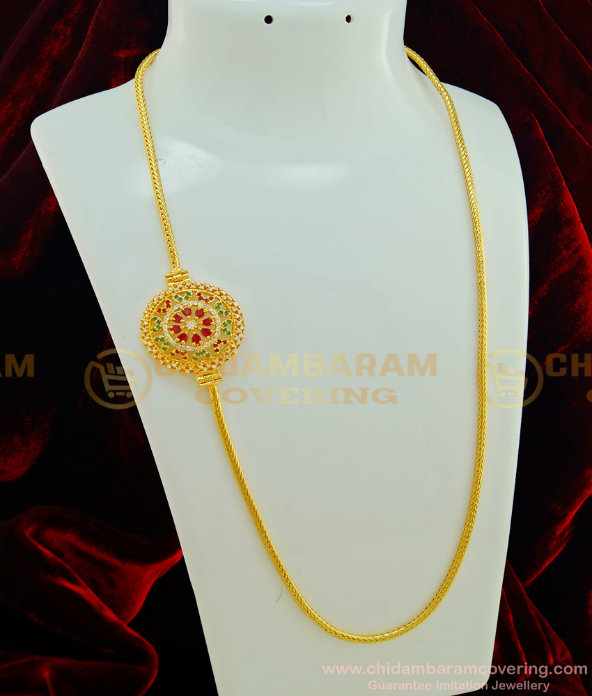 MCHN245 - New Arrival Round Multi Stone Side Pendant Attractive Designer Mugappu Chain for Women 