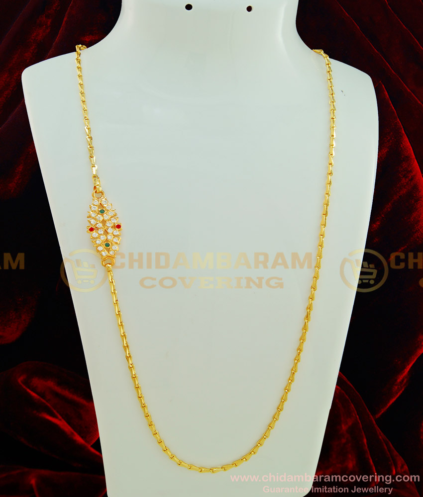 MCHN246 - 30 inches Five Metal Mugappu Chain Ruby Emerald Flower Design Side Locket with Chain Designs