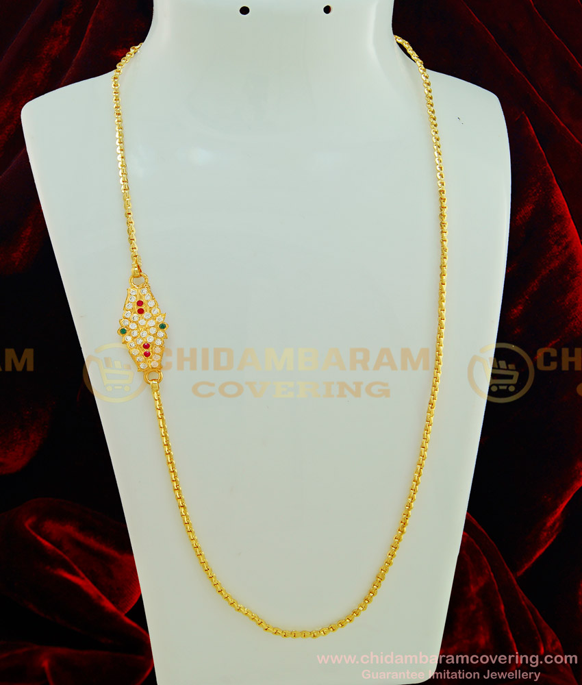 MCHN249 - 24 Inches Impon Mugappu Chain Designs One Gram Gold Plated Ad Stone Side Pendant