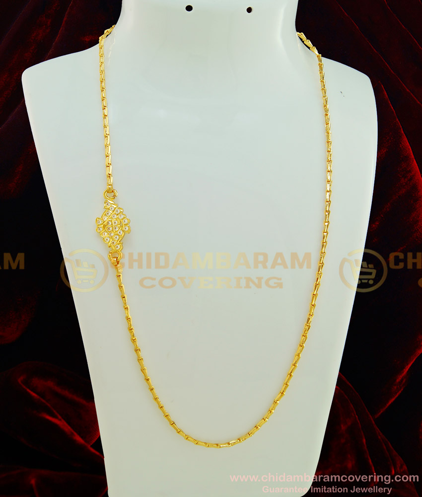MCHN256 - Five Metal Cute Peacock White Ad Stone Mugappu Chain Designs Panchaloha 1 Gram Gold Jewelry Designs Online