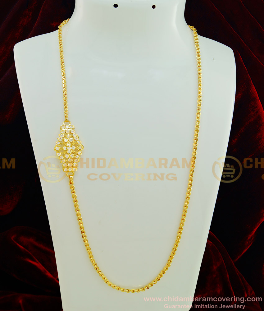 MCHN260 - Real Gold Design White Stone Impon Mugappu Chain One Gram Gold Mugappu At Low Price  