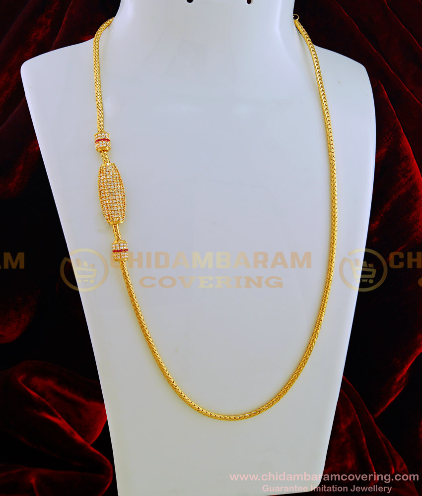 MCHN283 - Pure One Gram Gold Ad White Stone Guaranteed Mugappu Chain Designs Online