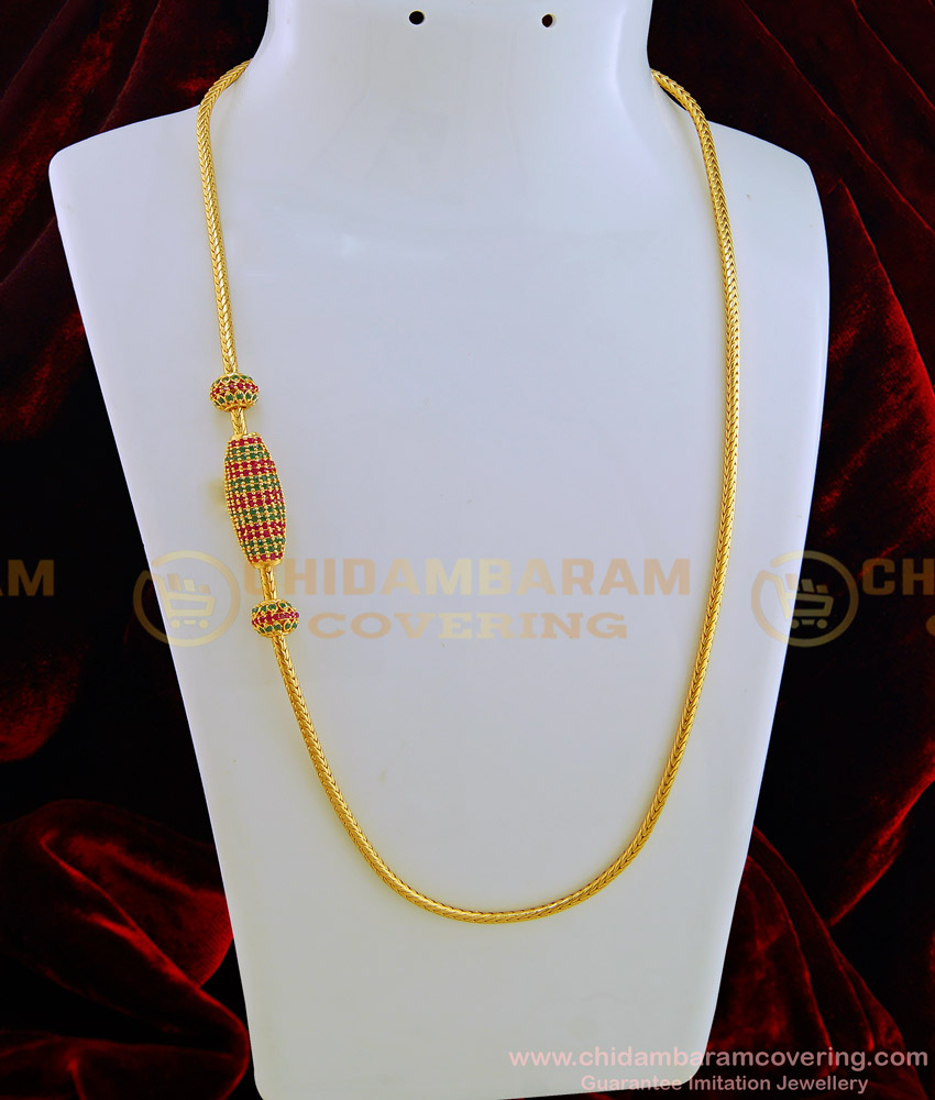 MCHN287 -LG- 30 Inches Attractive Look High Quality Gold Design Ruby Emerald Ad Stone Mugappu Chain for Female