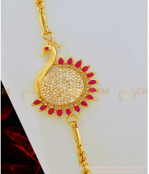 MCHN305 - Trendy Gold Plated Thali Chain Peacock AD Stone Mugappu Chain Indian Imitation Jewellery