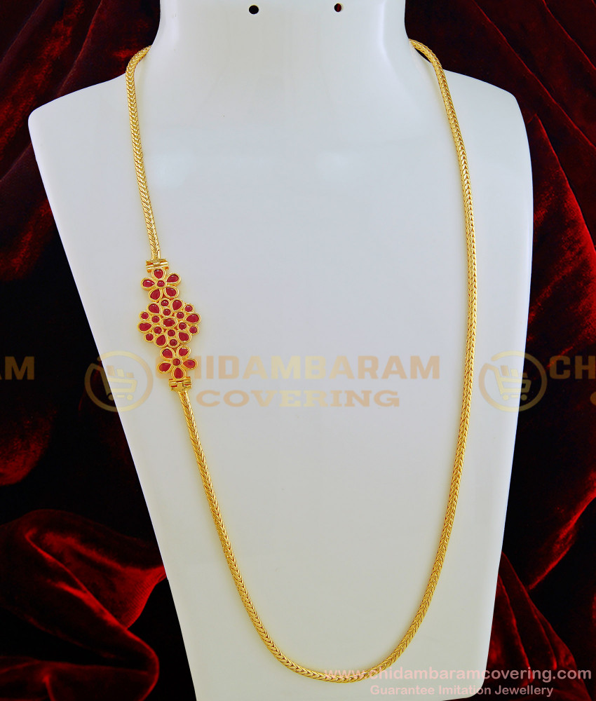 MCHN306 - 1 Gram Gold Plated Ruby Stone Side Pendant with Thali Kodi Mugappu Chain 